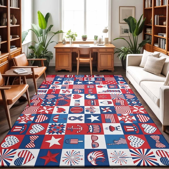 Area Rugs 5'x7', 4th of July Carpet Runner Indoor Outdoor Rugs Home Decor Aesthetic, Red White and Blue Plaid Patriotic Memorial Day Non Slip Mats Washable Accent Rug for Living Room Bedroom