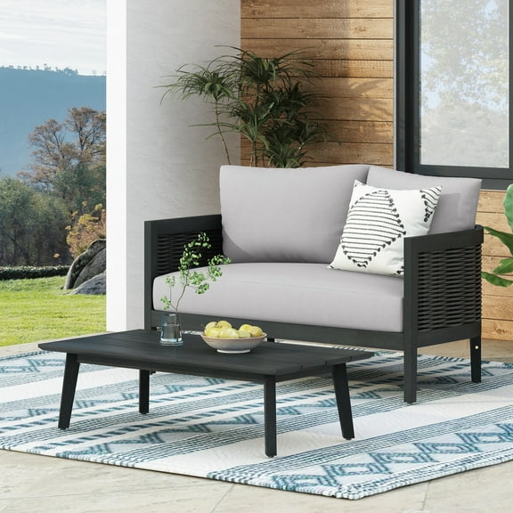 Felix 2-Piece Outdoor Patio Chat Set, Wood Frame with Rattan Accent, 52" Loveseat and 42" Coffee Table, Black Gery