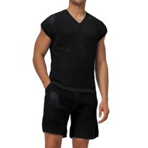 Bcfgryg Men's Summer Casual Sleeveless Open Knit V Neck Vest And Shorts Fashion Set Men’s 2-Piece Sets
