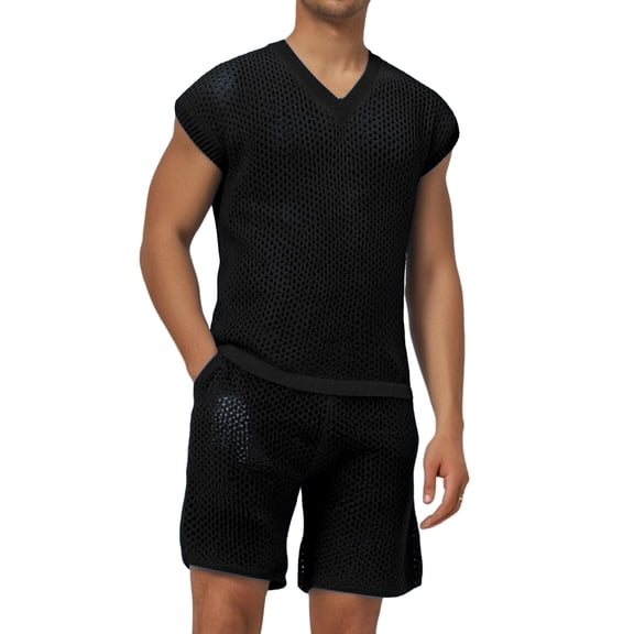 Bcfgryg Men's Summer Casual Sleeveless Open Knit V Neck Vest And Shorts Fashion Set Men’s 2-Piece Sets