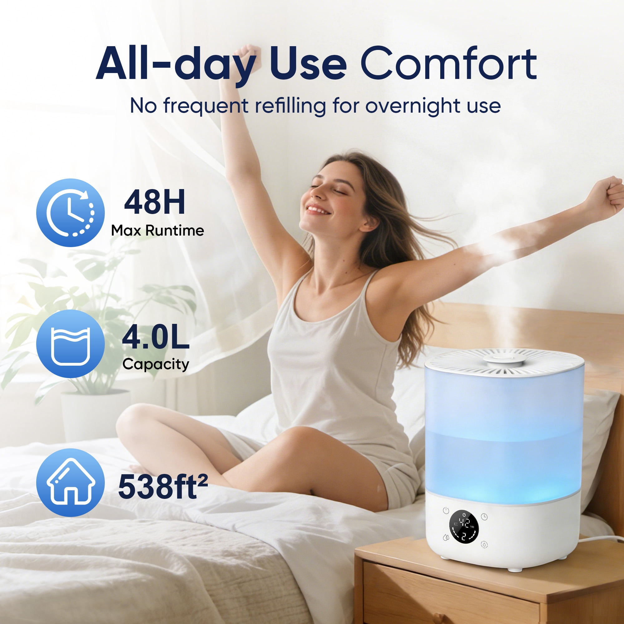AIRFIRE 4L Cool Mist Humidifier with Auto Humidity Control and Timer for Large Room, Essential Oil Diffuser Air Humidifiers for Bedroom, Overnight Use, Quiet Run, Night Light, White