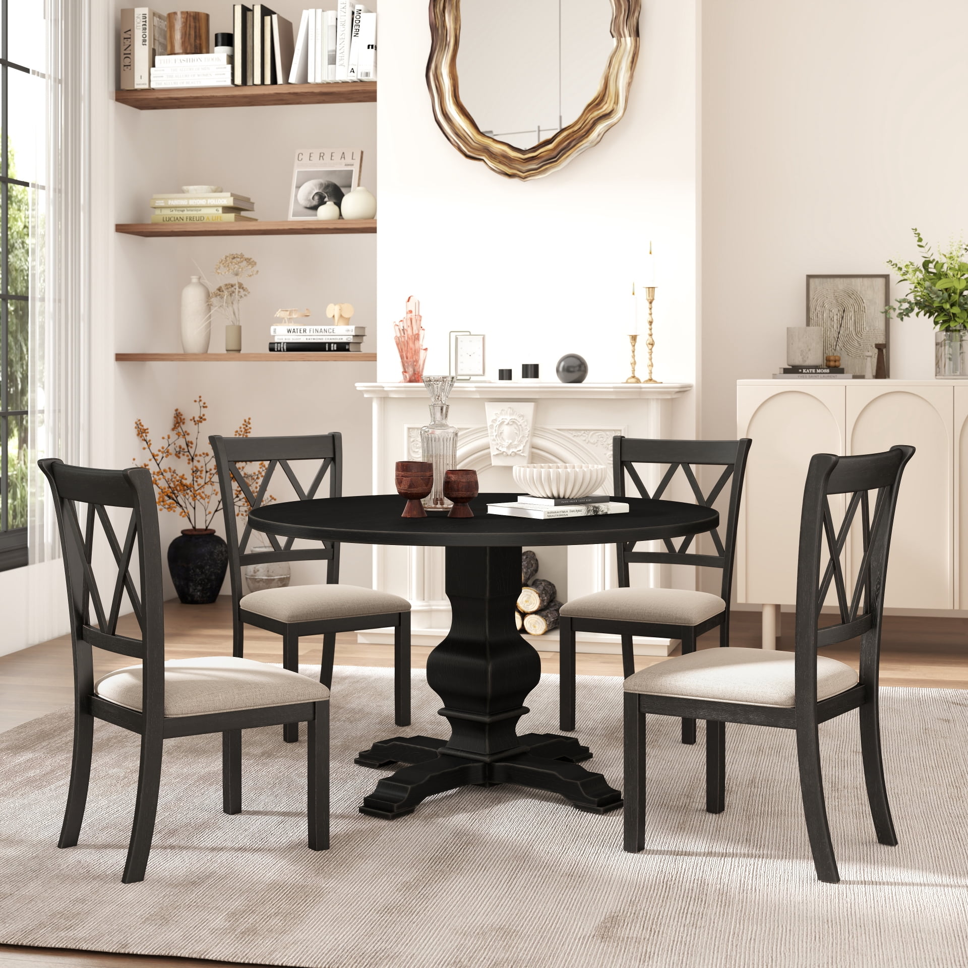 Roundhill Furniture Havre Dining Set, Pedestal Round Table with 4 Chairs