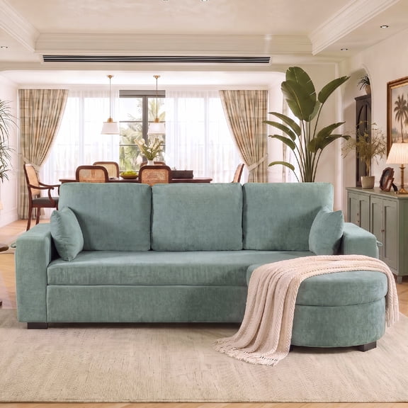 94" L-Shaped Sectional Sofa Couch with Storage Ottoman and USB Charging, 3-Seater Chenille Sofa Couch with Cup Holders and Hidden Arm Storage for Living Room, Apartment, Blue Green
