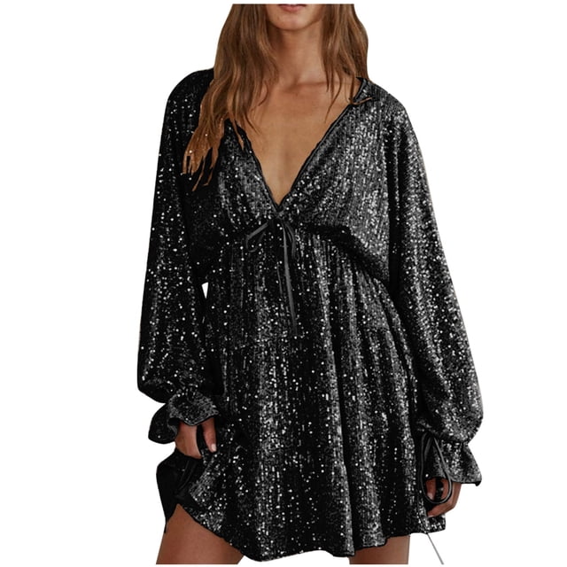 Amzcrzy Robe Fluide Formelle pour Femme Robe à Paillettes Manches Longues Col en V Profond Broderie Événement Fête Cocktail Mini Patineuse Robes Midi Robe de Soirée P-3TG