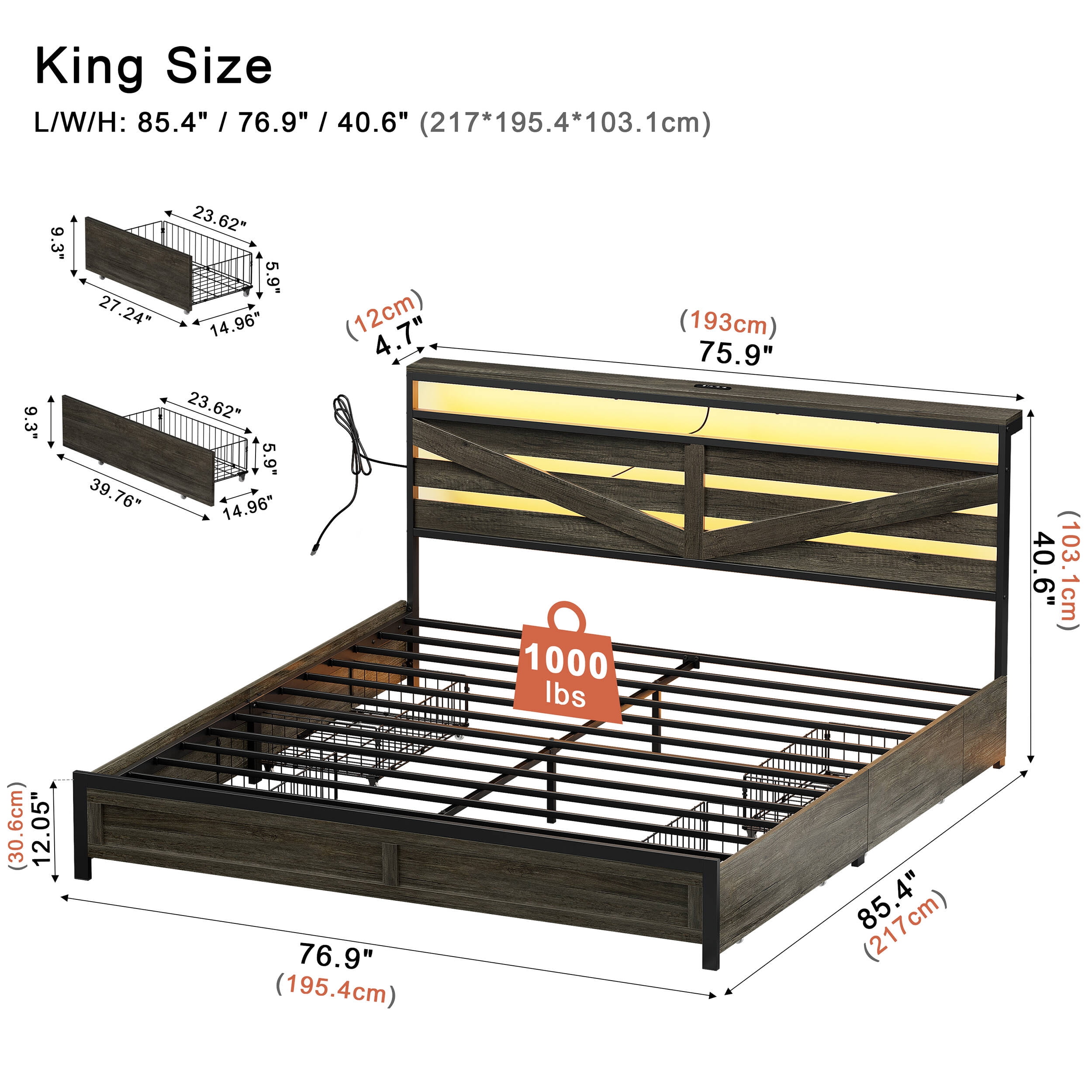 GUNAITO King Bed Frame with Storage Headboard & 4 Drawers, Dark Gray Industrial Metal Platform Bed with Charging Station and LED