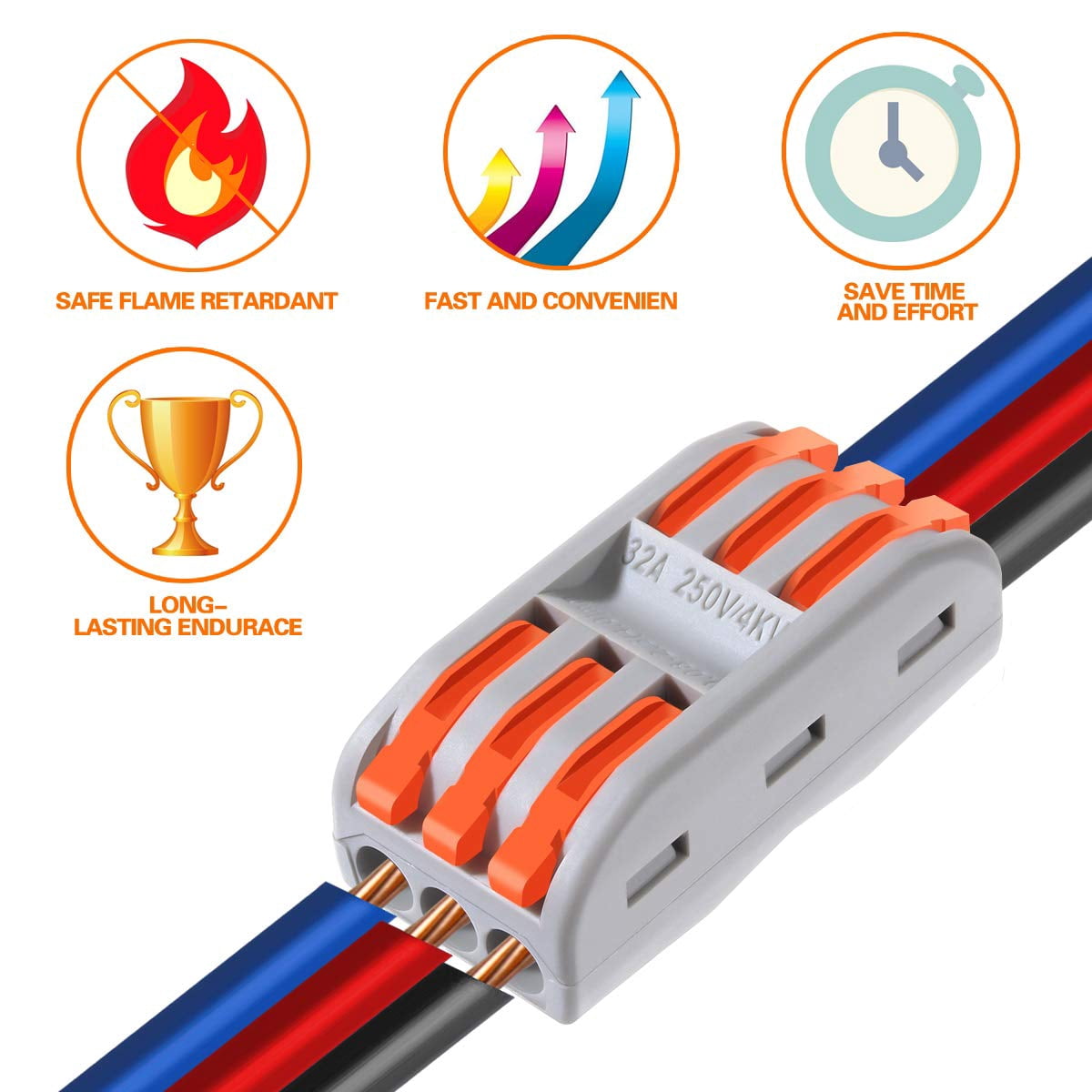 25pcs Conductor Compact Connectors Lever Wire Nut Electrical Connectors with Fixed Base for 3 Circuit Inline Splices 28-12 AWG(The color of the fixed base is gray)