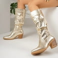 thumbnail image 4 of Glitter Slouchy Leather Knee High Boots Women Chunky Stacked Heel Wide Calf Pull on Pointed Toe Tall Booties, 4 of 8