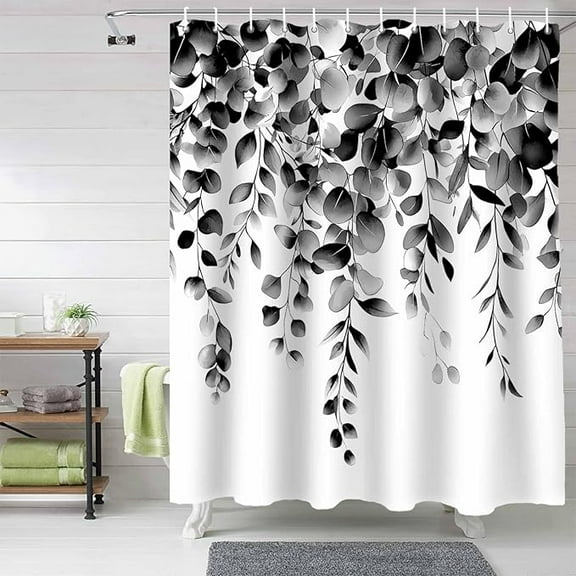 Shower Curtain Black White Grey Eucalyptus Leaves Bath Curtain Sets For Bathroom Washable, Polyester Fabric With Hooks 36"W x 72"L