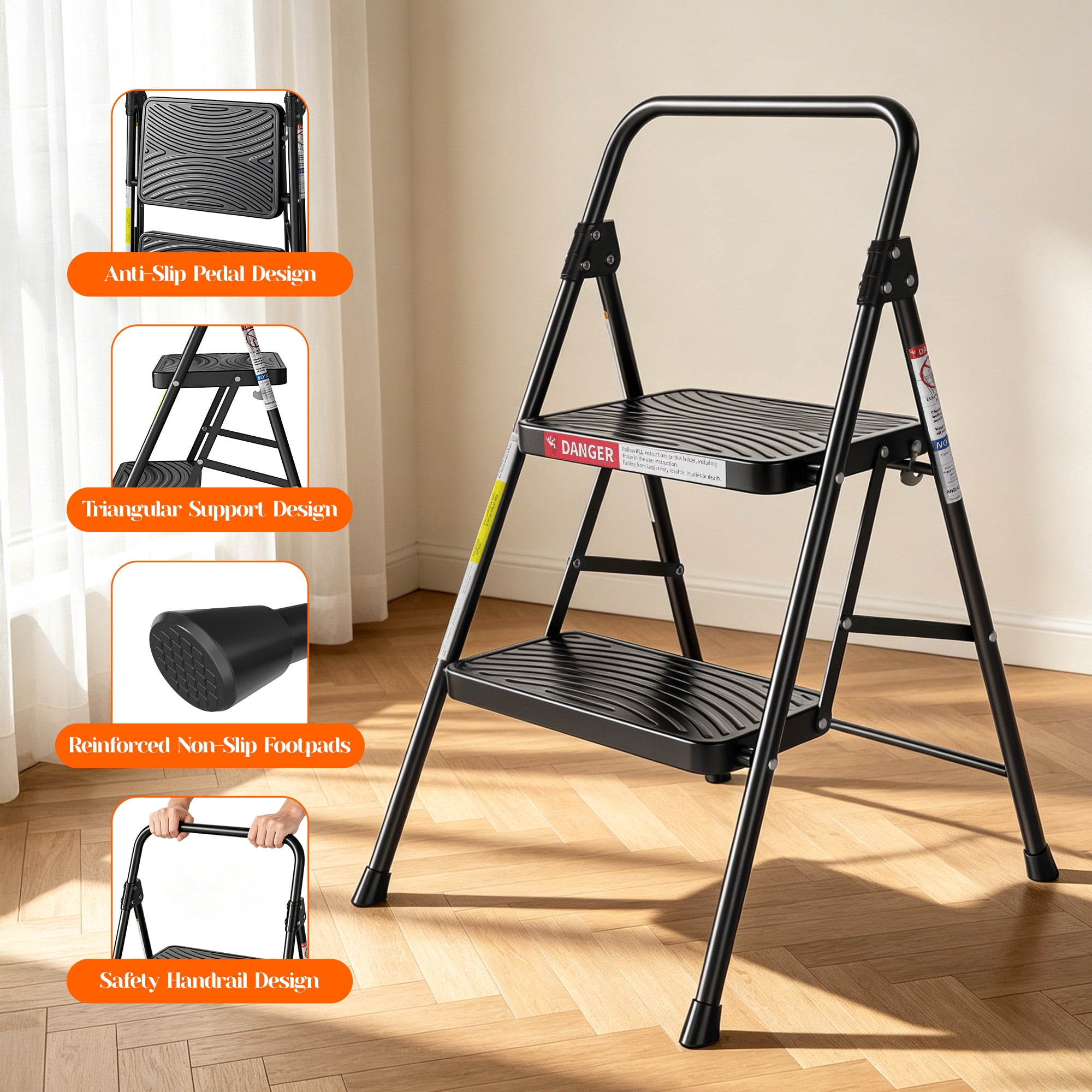 LevLad 2 Step Stool with Anti-Slip Pedal, Foldable Step Ladder, 330lbs Capacity, Protable Heavy Duty Step Stool for Kitchen, Garage & Outdoor Use, Black