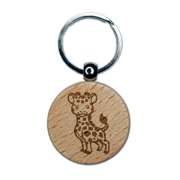 Lovable Giraffe African Zoo Animal Round Keychain Charm Tag - Engraved Wood