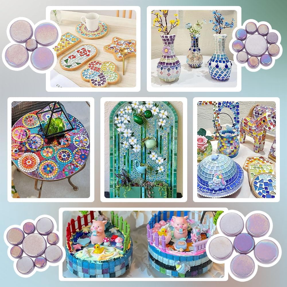 200pcs 4 Sizes Round Glass Mosaic Tiles for Crafts Purple Glass Mosaic Pieces Creative Iridescent Mosaic Tiles for DIY Craft Flowerpots Cups Vases Garden Decor Mosaic Projects
