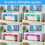 UHOMEPRO TV Stand for TV up to 55, High Gloss Entertainment Center with RGB LED Lights and Storage Shelves, White Media Console for Living Room
