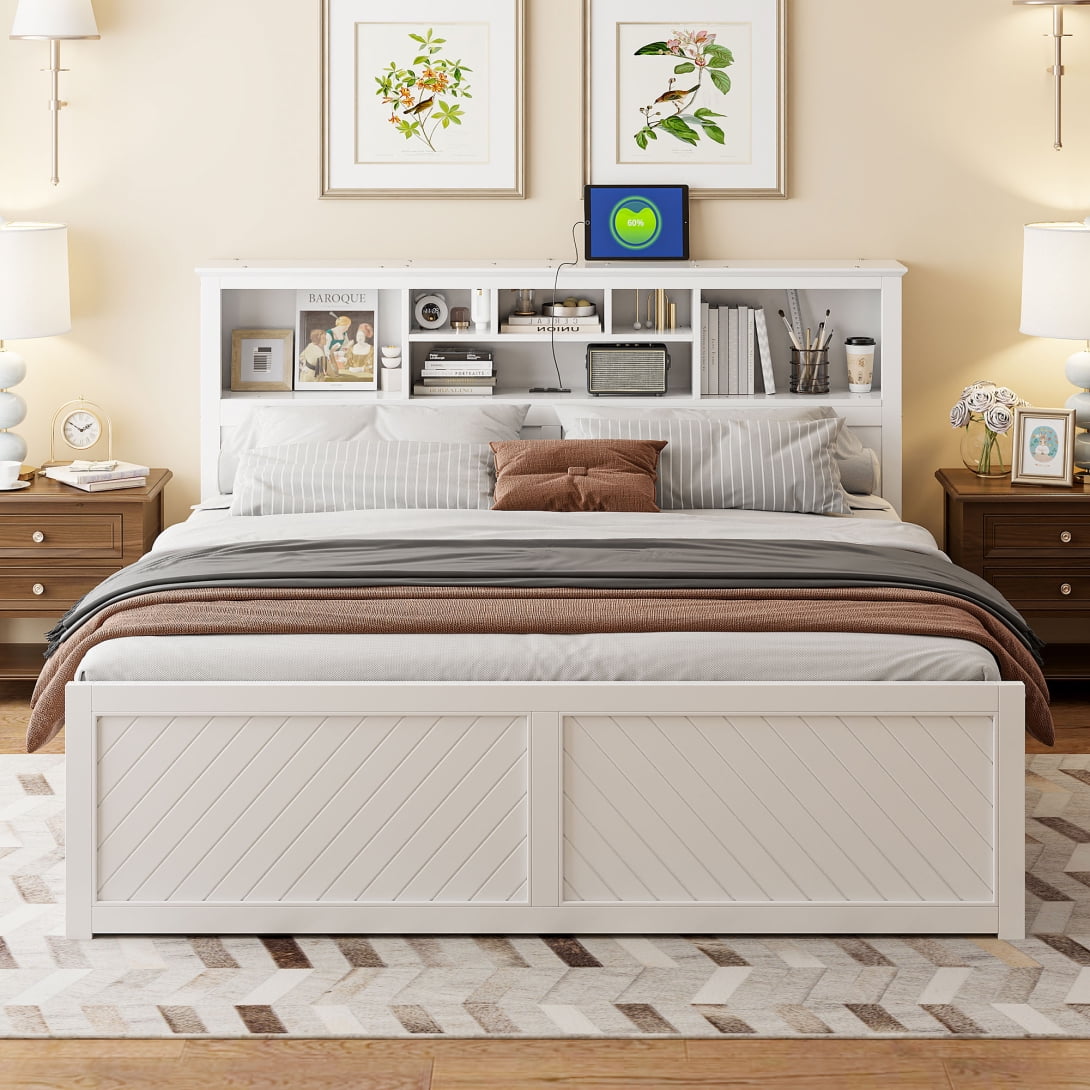 King Size Bed Frame with Storage Headboard, Wooden Platform Bed with USB Charging Station and Drawers, No Box Spring Needed, White