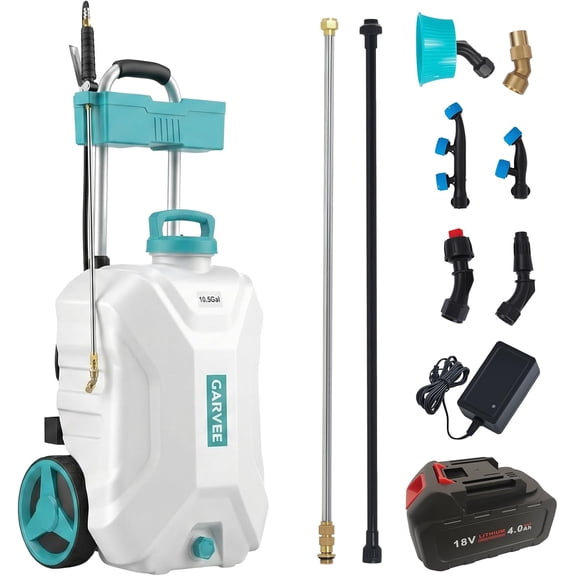 10.5 Gallon Battery Powered Sprayer with Cart 18V 4Ah 80 PSI 6 Nozzles 2 Wands