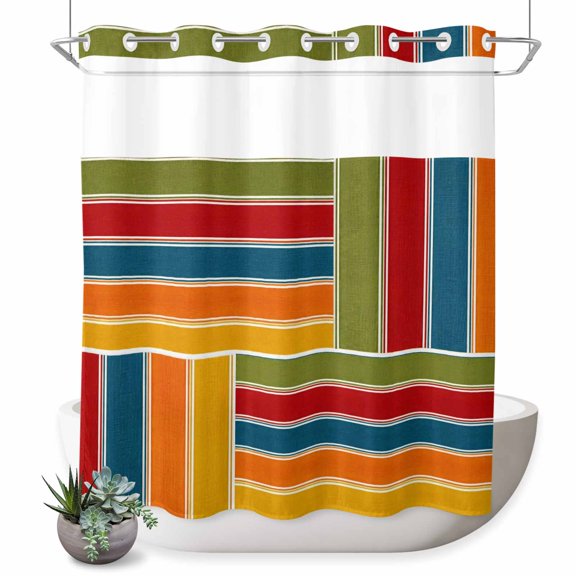 No Hook Shower Curtain, Bohemia Shower Curtains for Bathroom with See Through Top Window, Retro Minimalist Geometric Stripes Patchwork Rustic Waterproof & Washable Bath Curtain Standard 72"x72"