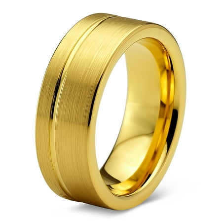 18k tungsten 8mm band lifetime brushed guarantee polished plated comfort flat ring cut yellow gold