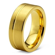 Charming Jewelers Tungsten Wedding Band Ring 8mm for Men Women Comfort Fit 18K Yellow Gold Plated Flat Cut Brushed Polished Lifetime Guarantee Size 4