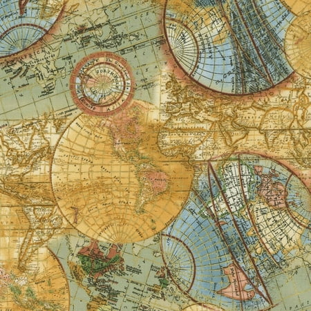 By Timeless Treasures - Library~World Map~Globe Metallic Cotton Fabric by Timeless Treasures