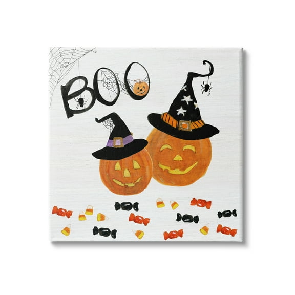 Stupell Indtries Boo Phrase with Orange Pumpkins Witch Hats,36 x 36,Design by Sally Swatland