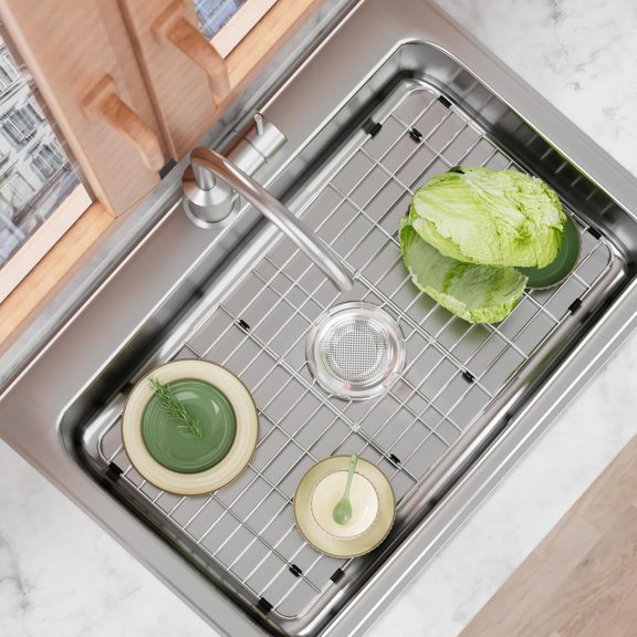 Stainless Steel Sink Grate Protector for Bottom of Kitchen Sink, 28" x 15" Metal Kitchen Sink Grid with Centered Drain, Curve Corner Sink Rack with Sink Strainer for Single Sink Bowl