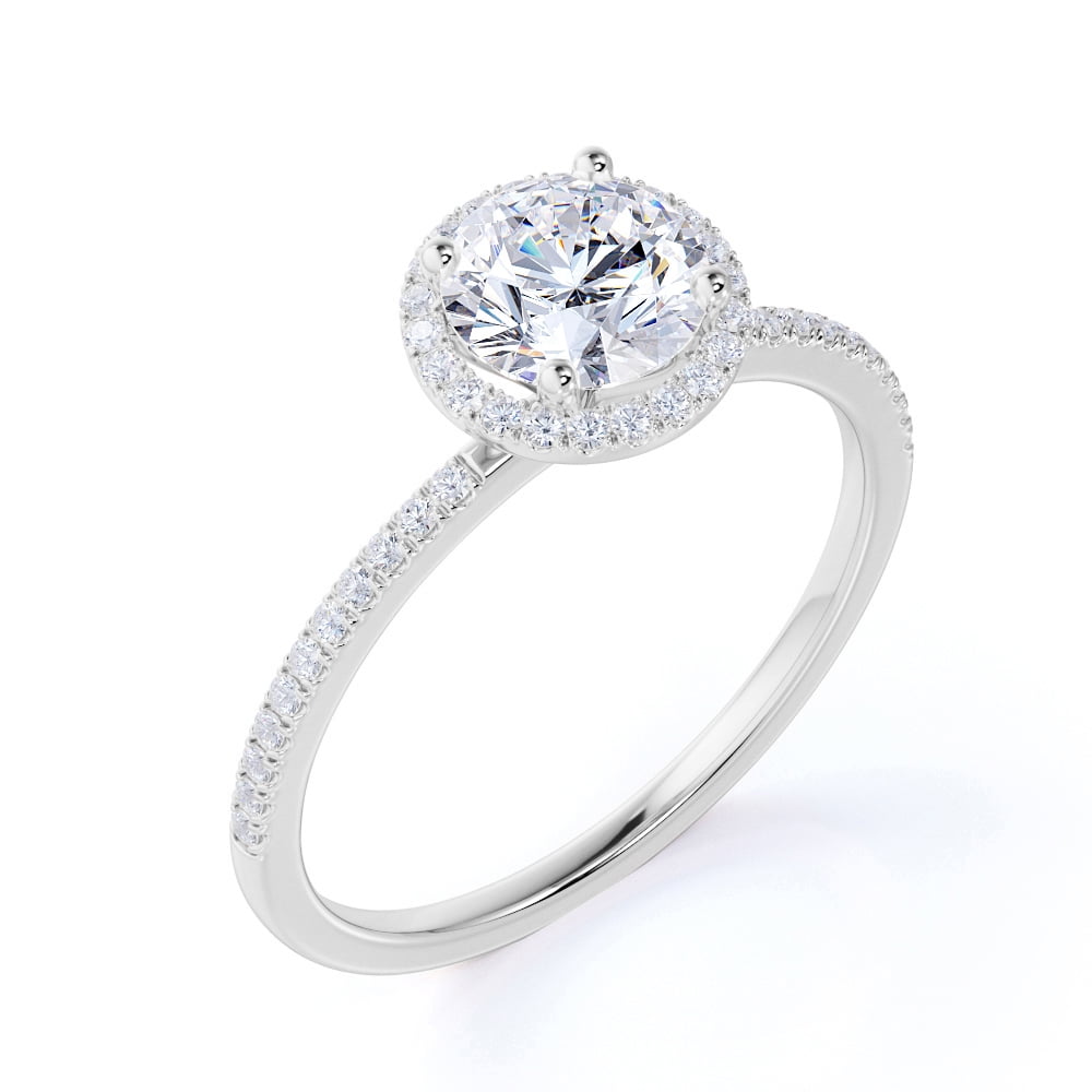 JeenMata 1 Carat Round Cut Moissanite Halo Engagement Ring in 18k White Gold Over Silver