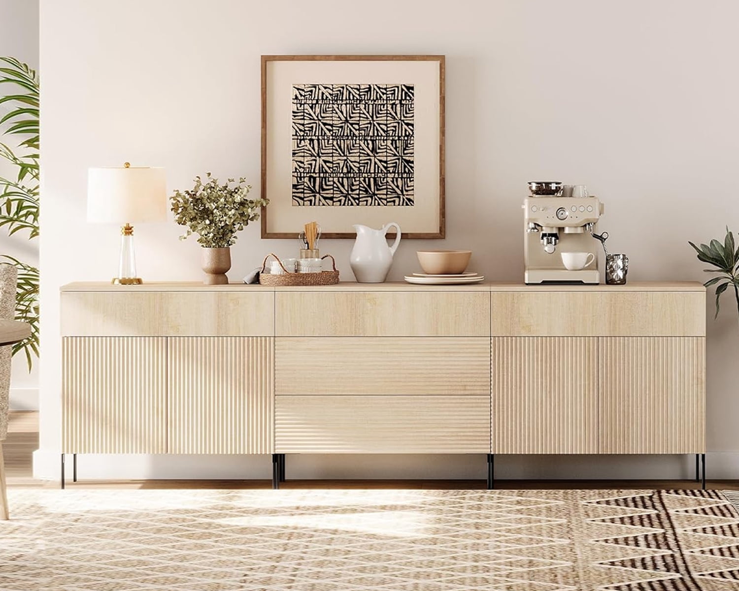 94.5" Reeded Accent Cabinet Set with Doors and Drawers, Modern Credenza Storage Cabinet with Metal Legs for Living Room, Kitchen, Dining Room, Hallway