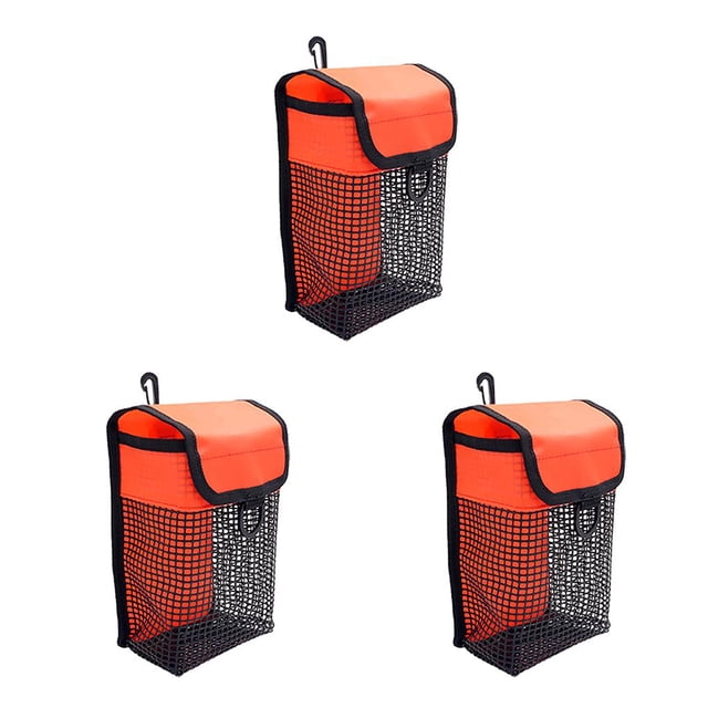 Ruiboury Diving Reel Storage Bag Mesh Cloth Safety Marker Carry Pouch Thread Wheel Flashlight Organizer Pocket Swimming Orange 3Set