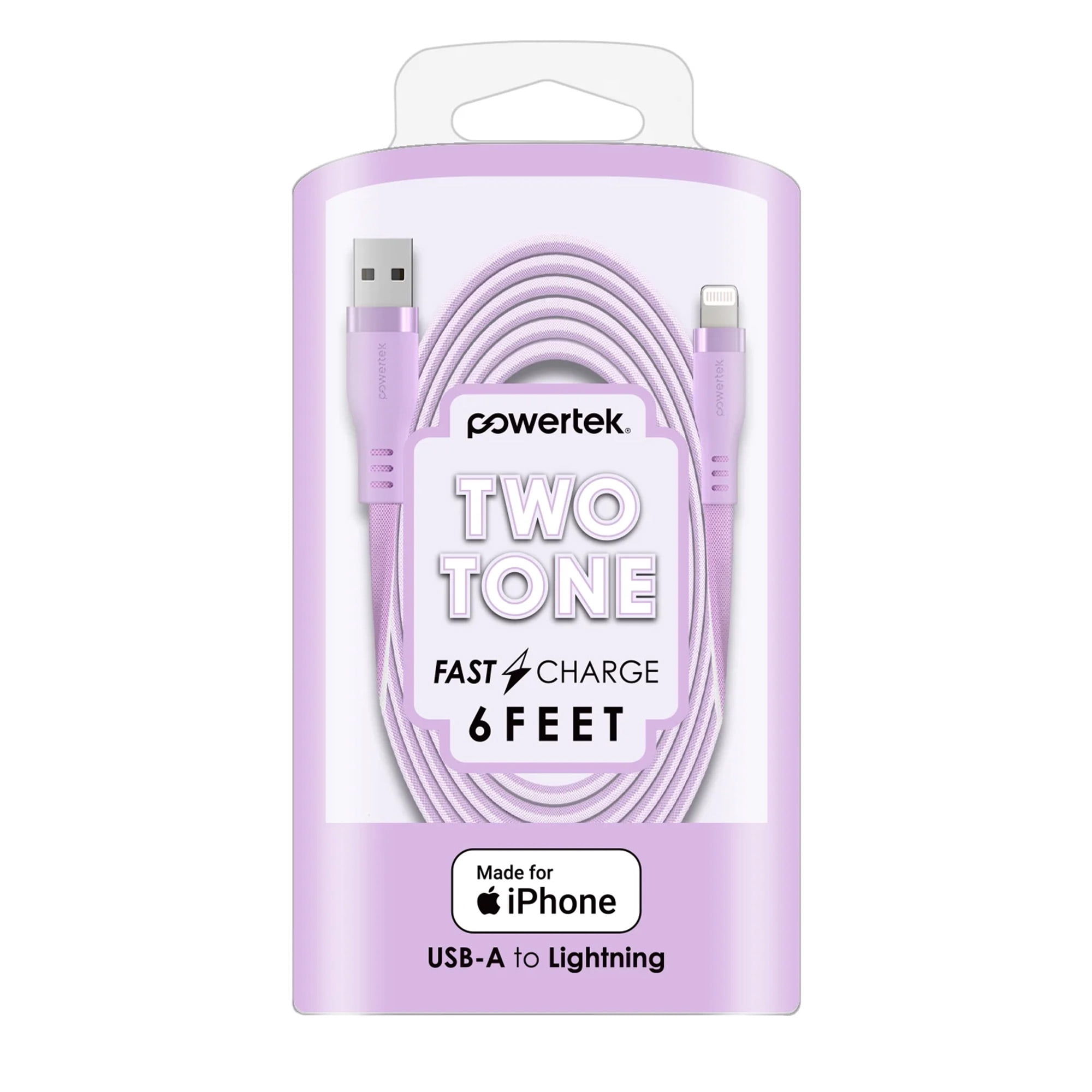 Powertek MFi USB-A to Lightning Two-Tone Pastel Fast Charge Cable, 6 ft, Purple