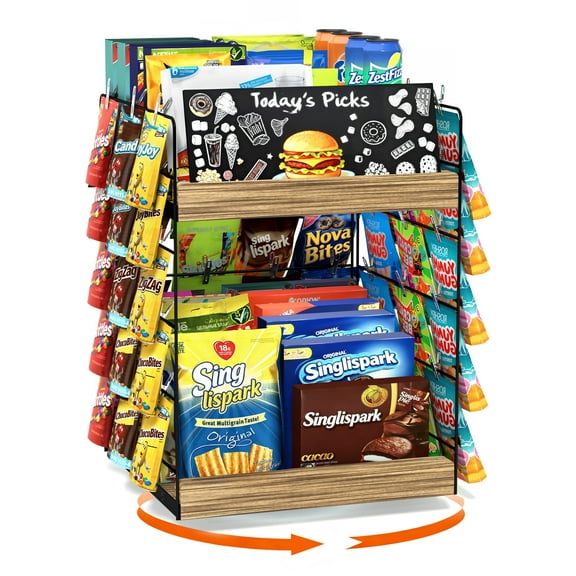 Sfugno 360 Rotating Snack Display Rack, 2 Tier Snack Organizer for Countertop, Pantry Organizer, Can Organizer, Retail Display Shelf for Candy Cans Chip,Rustic Brown