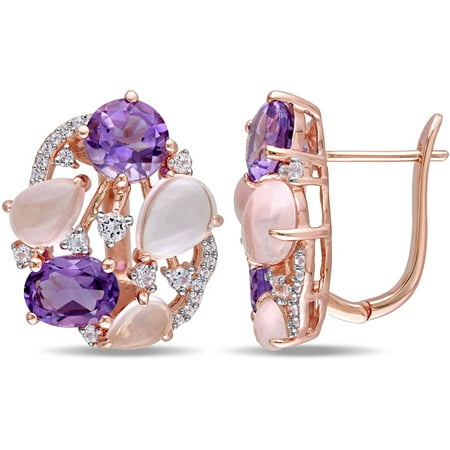 Tangelo 10-1/4 Carat T.G.W. Multi-Cut Amethyst and Rose Quartz with White Topaz Rose Rhodium-Plated Sterling Silver Clip-Back Earrings