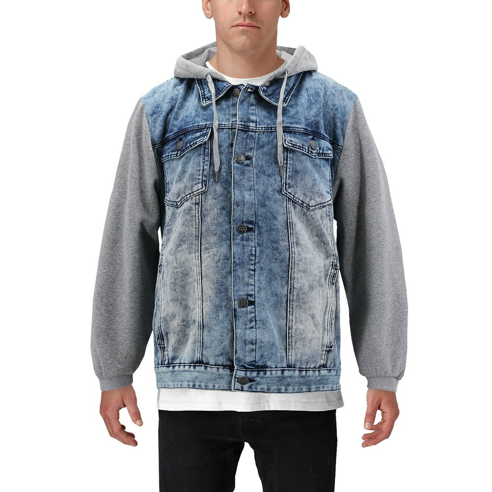 VKWEAR Men’s Hooded Button Up Faded Denim With Jersey Sleeves Jean