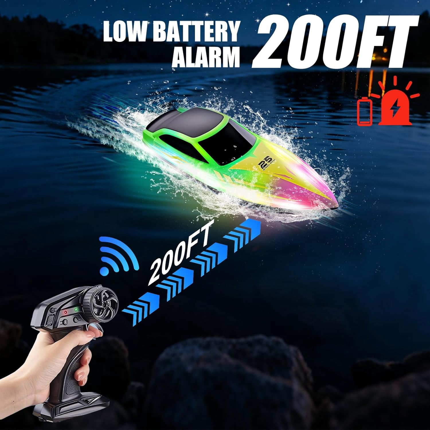 HYPERLIVING Remote Control Boat,15KM/H Fast Racing Boat with LED Light, Never Capsize, Summer Water Pool Toy for Adults & Kids