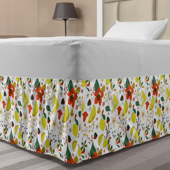 Floral Bed Skirt, Spring Flowers with Lemons Leaves Inspirational Illustration, Elastic Bedskirt Dust Ruffle Wrap Around for Bedding Decor, 4 Sizes, Red Yellow Forest Green, by Ambesonne