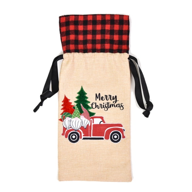 Matsuzay Ropa navideña con patrón de rejilla con cordón, manga de cerveza, de comedor, cubierta de botella de vino de lino de Año Kits de decoración para fiestas Coche