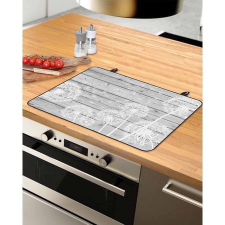 Large Induction Cooktop Protector Mat White Dandelion Stove Top Covers for Electric Stove Spring Flowers Plants Vintage Gray Wood Decorative Stove Burner Cover Mats Glass Top Stove Cover