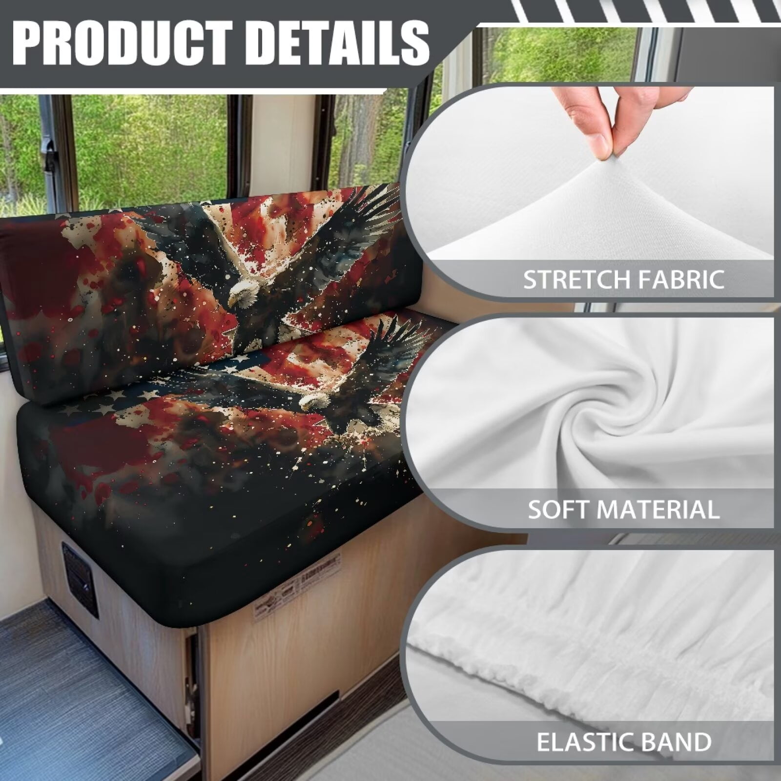 XYZCANDO Bald Eagle RV Dinette Cushions Stylish Camper Decor Washable Furniture Covers Comfortable Sofa Covers for 2 Cushion Couch Stretchable Slipcovers for Loveseat Black