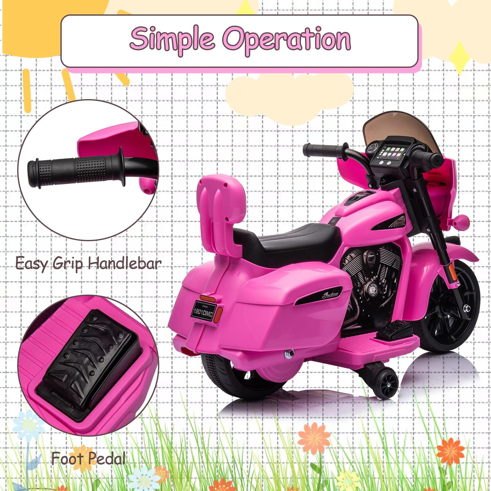 Kids Ride On Motorcycle, Licensed Indian 6V Ride on Toy Electric Motorcycle with USB, AUX，Music and Headlight for Toddler Boys and Girls
