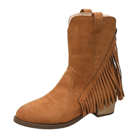 

PMUYBHF Ladies Solid Color Pointed Tassel Fringe Heel Large Size Western Vintage Mid Calf Boots Leather Boots Short Boots Ankle Boots 45.98