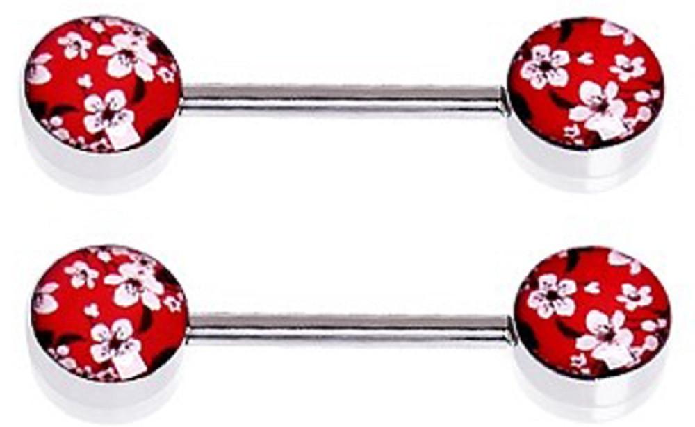 Nipple Ring Bars Cherry Blossom Body Jewelry Pair 14 Gauge Body Piercing