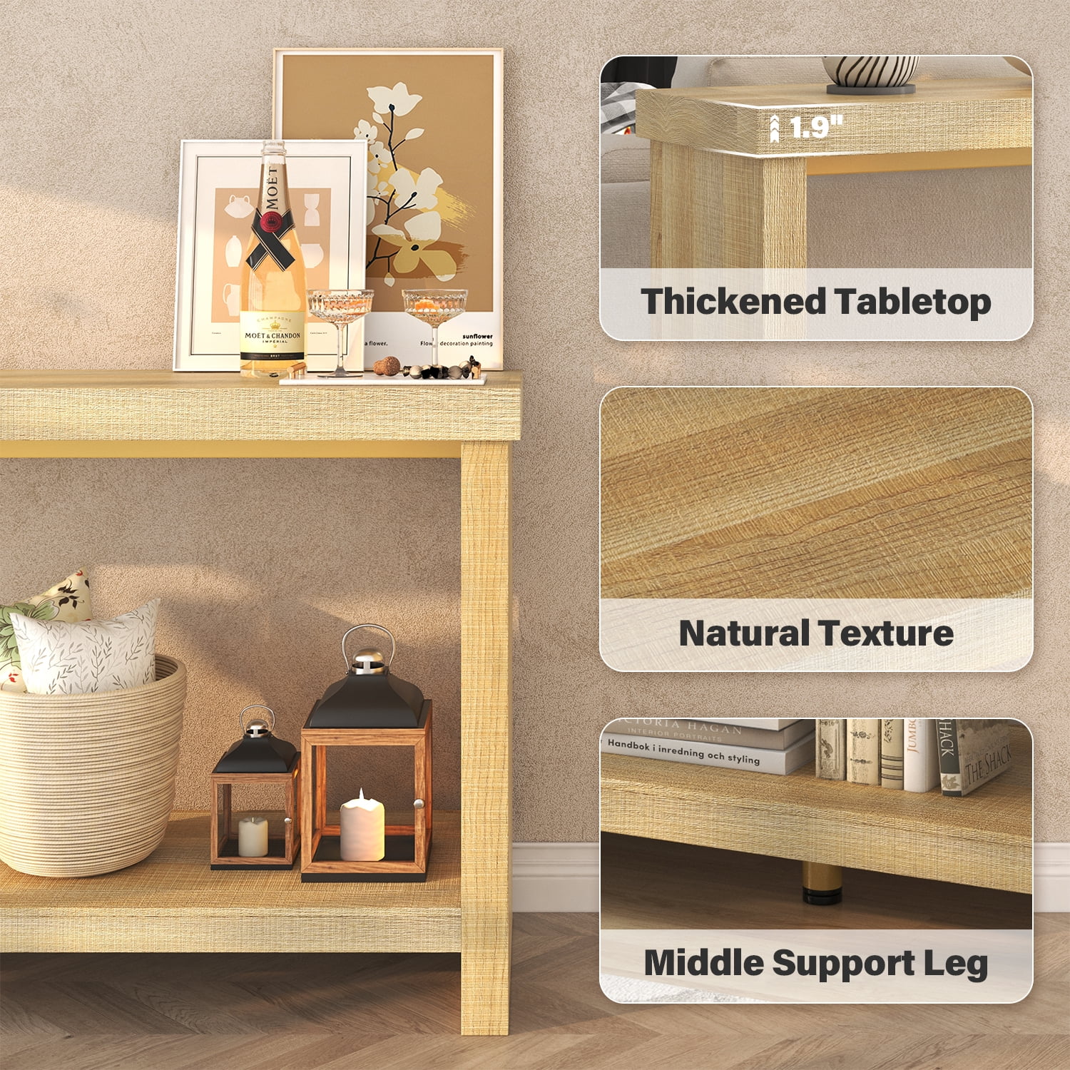 63-inch Long Console Table with 2-Tier Storage Shelves, Narrow Sofa Table Behind Couch, Farmhouse Entryway Table for Hallway & Living Room, Foyer Table in Oak Natural