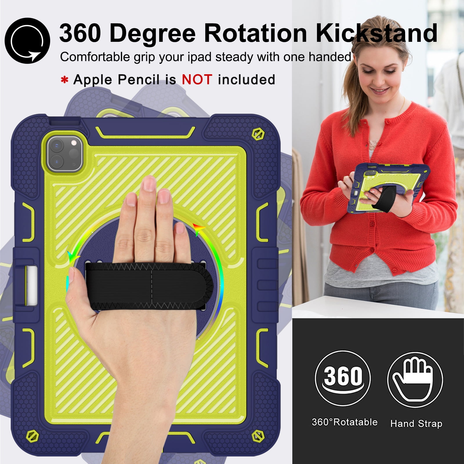 ELEHOLD 3-Layer Shockproof Case For iPad 8th/7th Generation, Rugged Cover with 360° Rotating Kickstand, Wrist Strap, Detachable Shoulder Strap, Pencil Holder, Navy Blue+Green