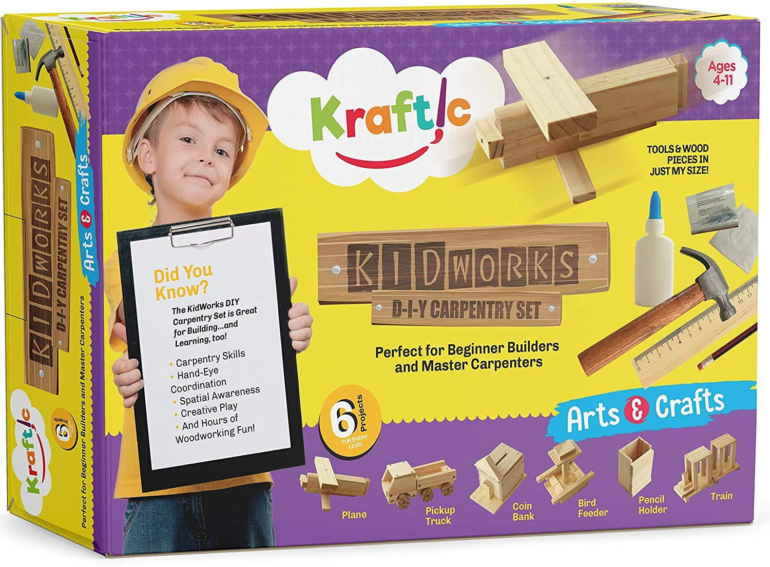 Kraftic Woodworking Building Kit for Kids and Adults, with 2 Educational  DIY Carpentry Construction Wood Model Kit Toy Projects for Boys and Girls 