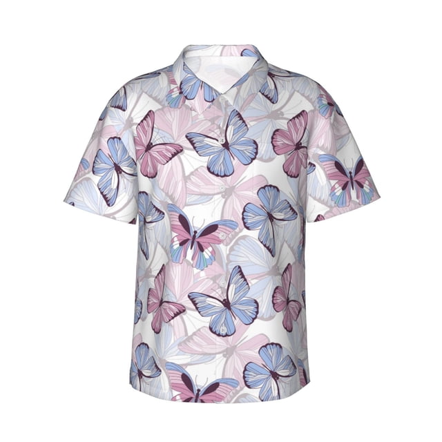 Balery Butterflies in Pastel Camisas hawaianas de manga corta para hombre, camisas playeras de corte holgado, camisas de vacaciones con botones,Large