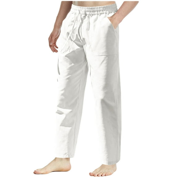 Diufon Men's Straight Leg Pants Cotton Linen Drawstring Waist Baggy Casual Versatile Trousers with Pockets