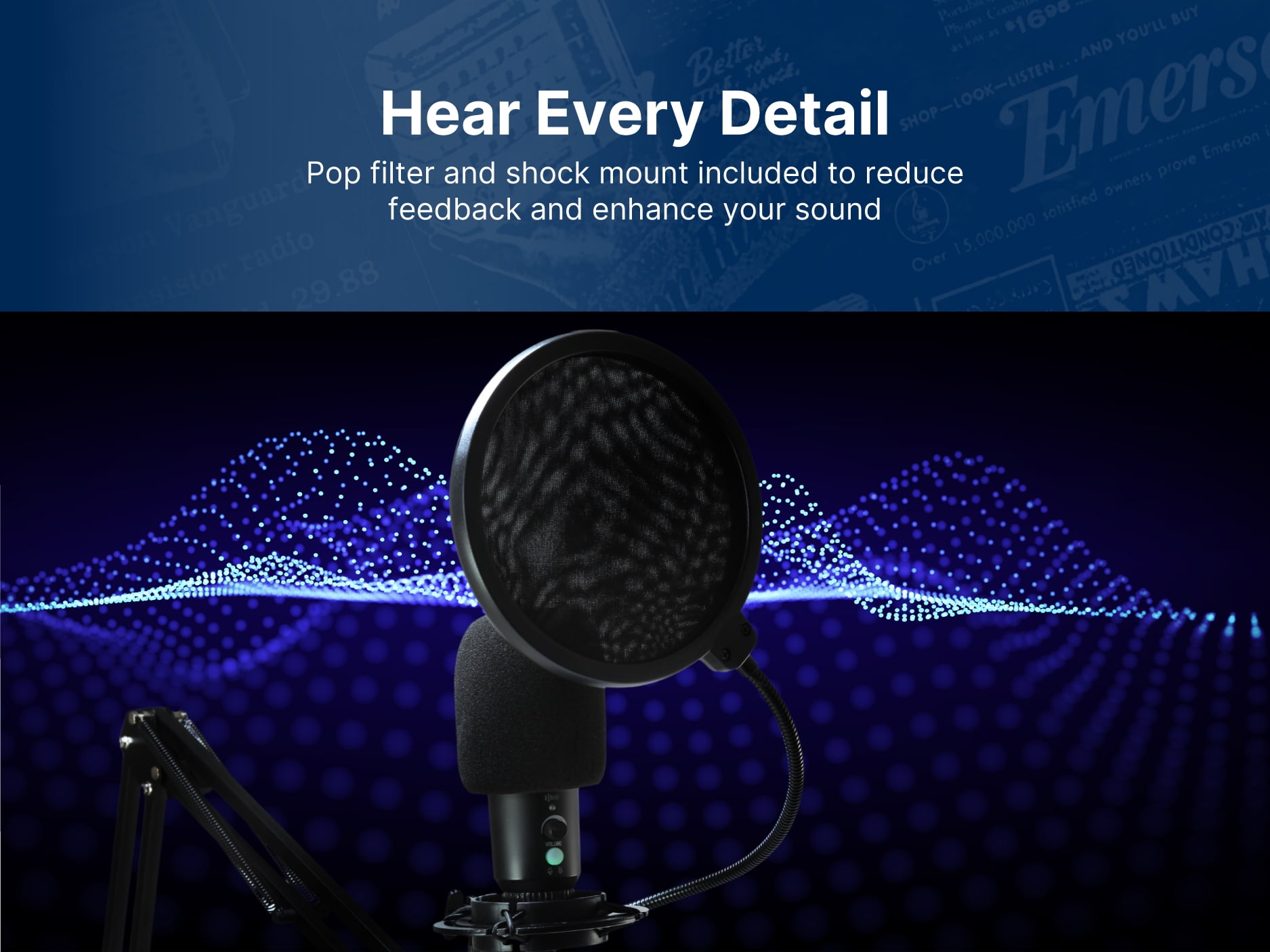 Emerson EAM-9051 USB Gaming & Streaming Condenser Microphone with Pop Filter and Shock Mount, Black