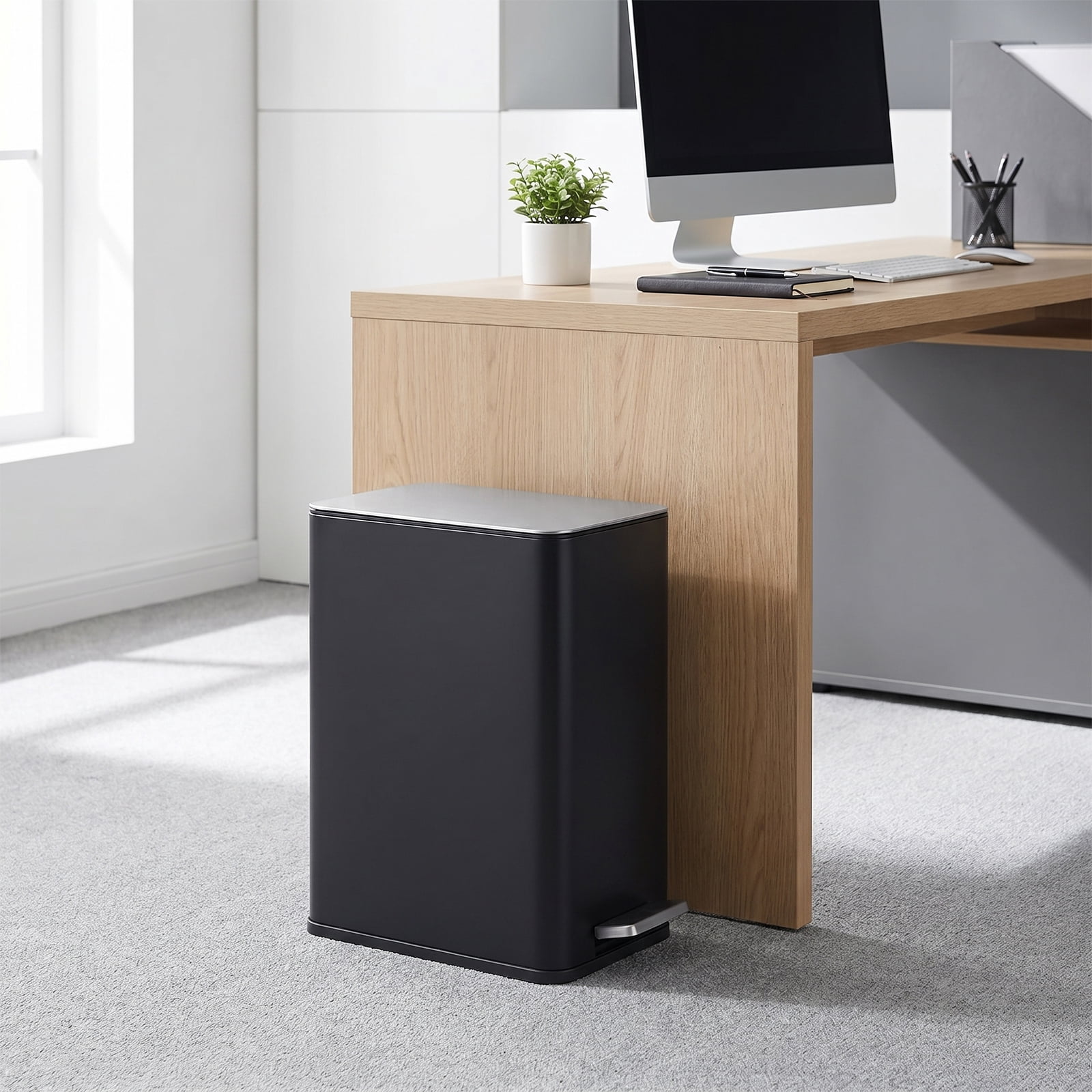 Simplykleen15L/4 Gallon Rectangular Step Trash Can Stainless Steel Garbage Can with Removable Inner Bucket For Kitchen Bathroom Office Black