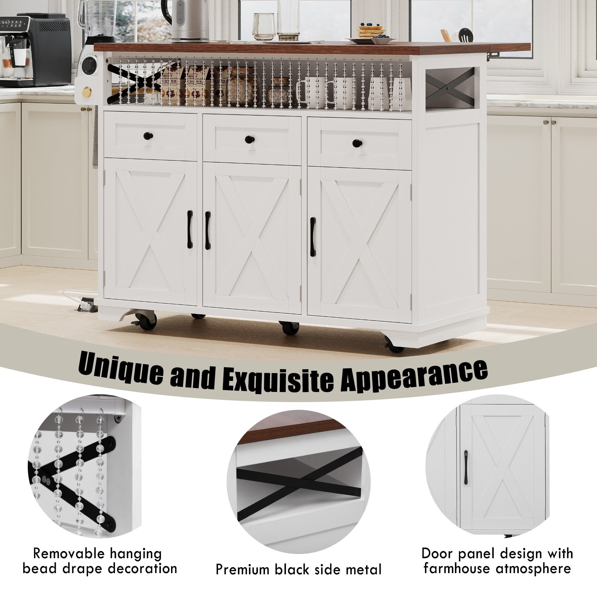 DEALTOPS Farmhouse Kitchen Island Storage Cart with Drop Leaf, Power Outlet, Beaded Accent, White