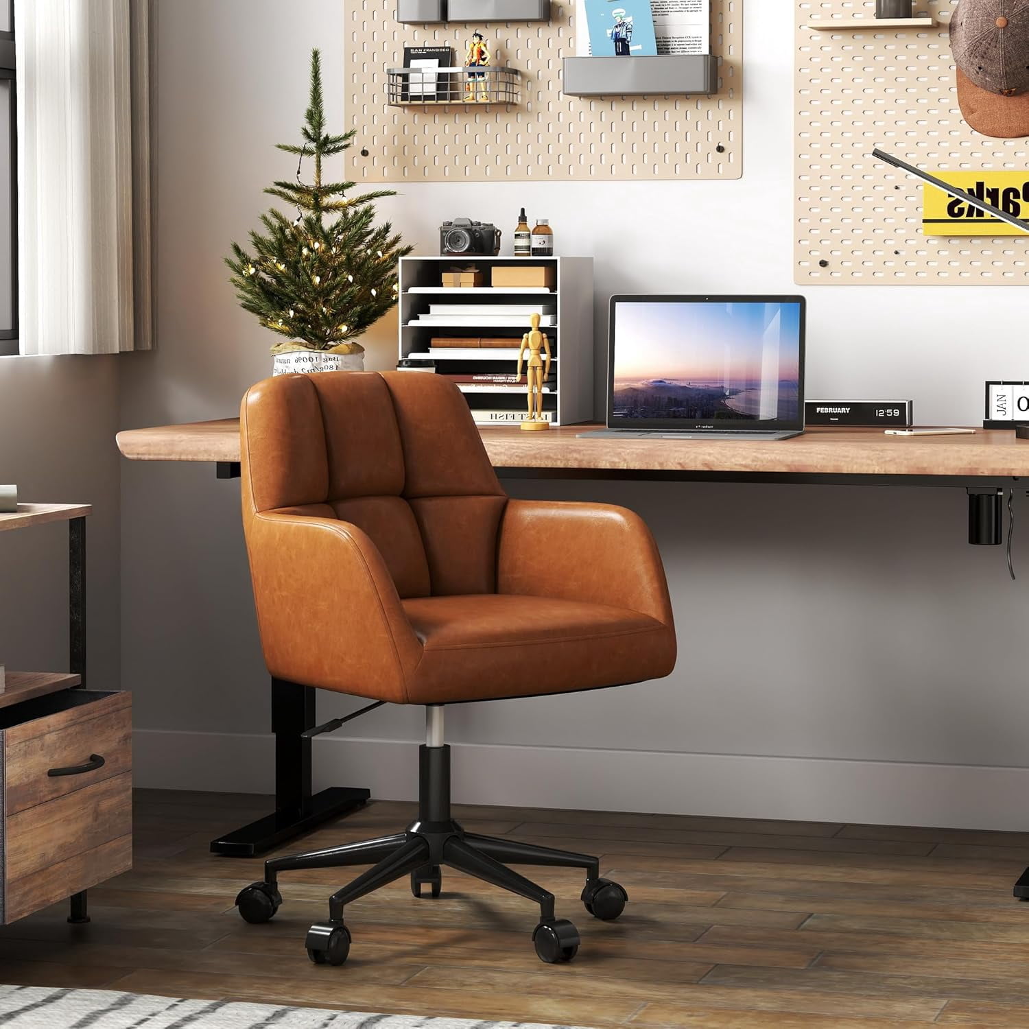 Brown Leather Desk Chair Office Chair with Mid Back Support Armrest, Adjustable-Height 360° Swivel Rolling Task Chair Home Office Modern Vanity Chair, Brown