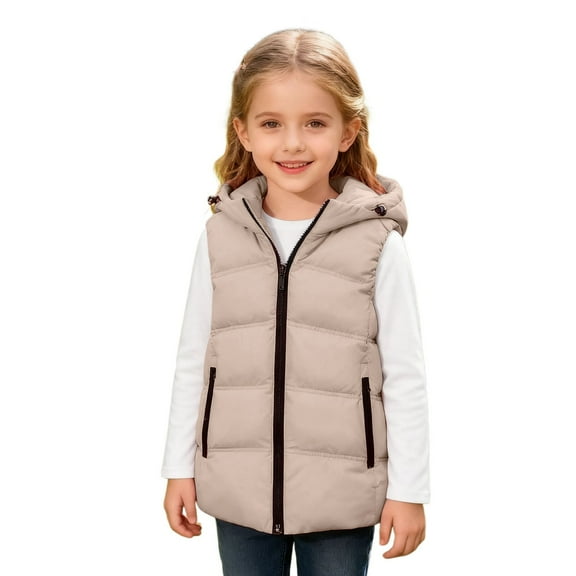 Puffer Vest Hooded Jacket Khaki Down Vest Full-Zip Lightweight Sleeveless Windproof down Jacket Boys Vests 7-8 Years