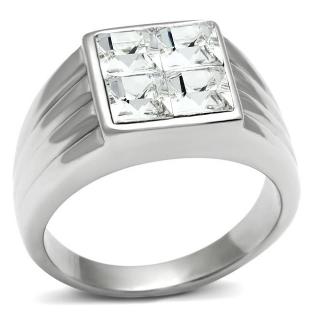 Men High Polished Stainless Steel Ring with Top Grade Crystal in Clear - Size 10